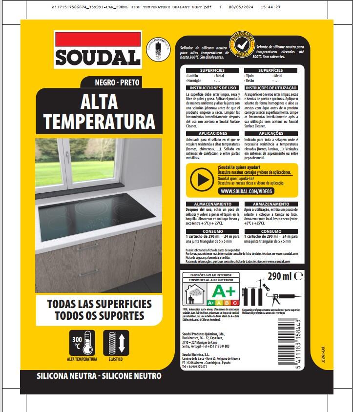 Silicone altas temperaturas neutro 290 ml preto Soudal - 3