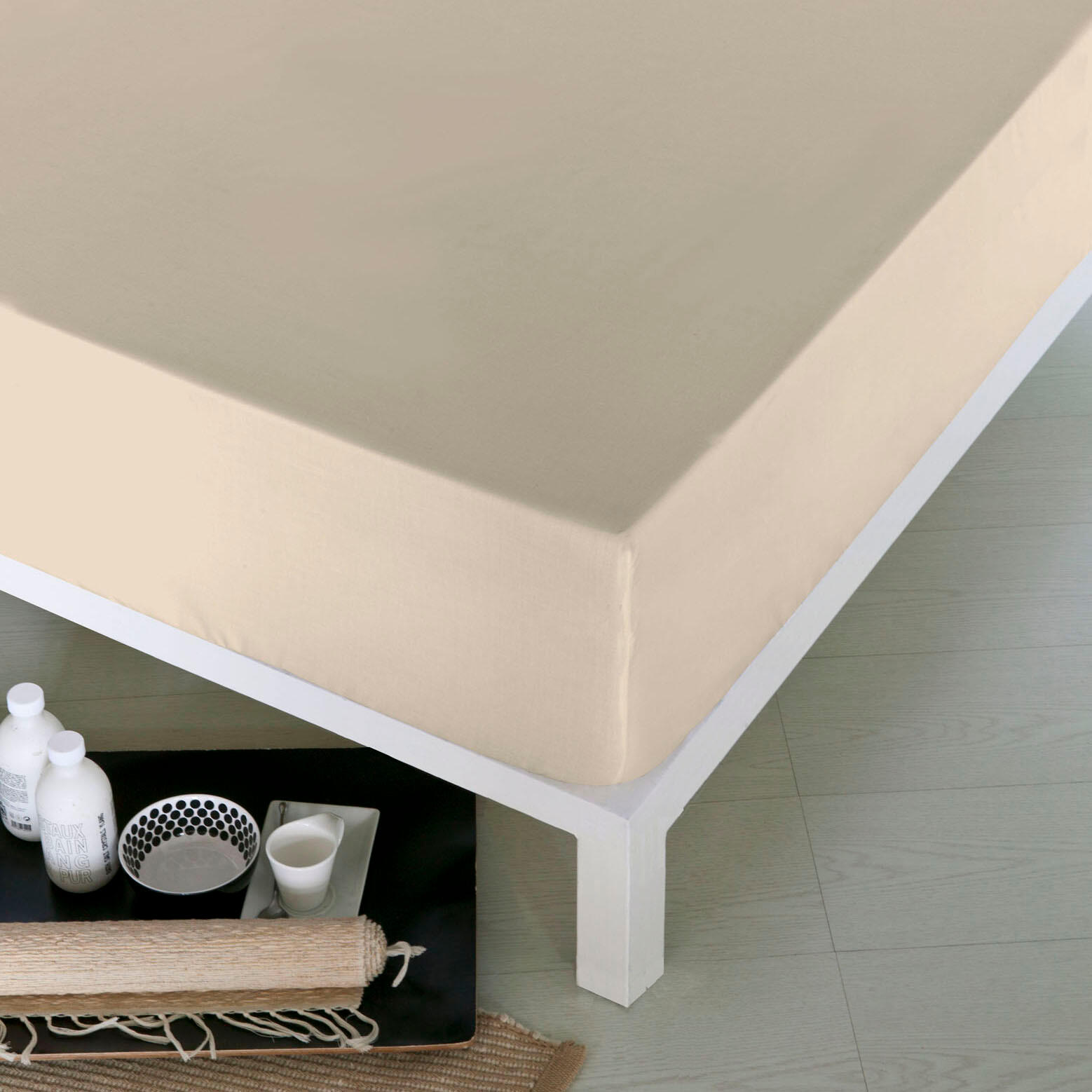 Sábana bajera de algodón  BEIGE para cama de 160 cm - 2