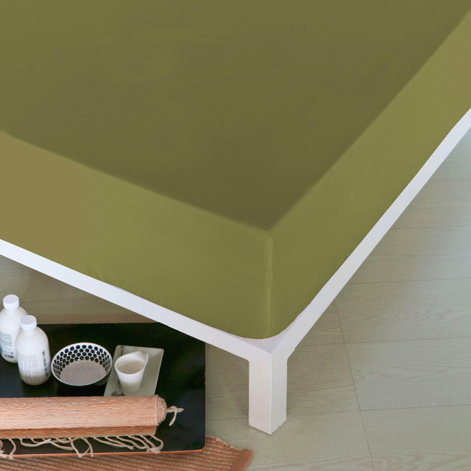 Sábana bajera de algodón VERDE OLIVA para cama 160 cm - 2