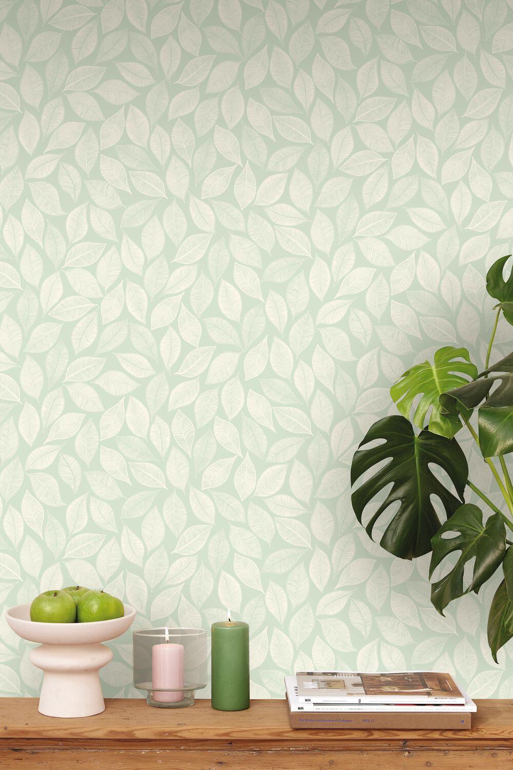 Papel pintado vinílico vegetal bliss verde agua 0,53 x 10,05 metros