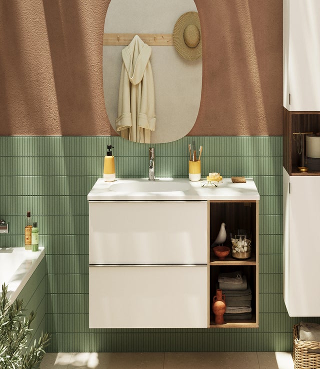 Mobile bagno sospeso con lavabo e organizer per cosmetici, top incluso L 80 x H 55 x P 45 cm bianco e miele in truciolare 2 cassetti per vasca a sinistra Modern