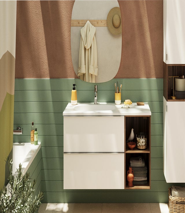 Mobile bagno sospeso con lavabo e organizer per cosmetici, top incluso L 60 x H 55 x P 45 cm bianco e noce in truciolare 2 cassetti per vasca a sinistra Modern