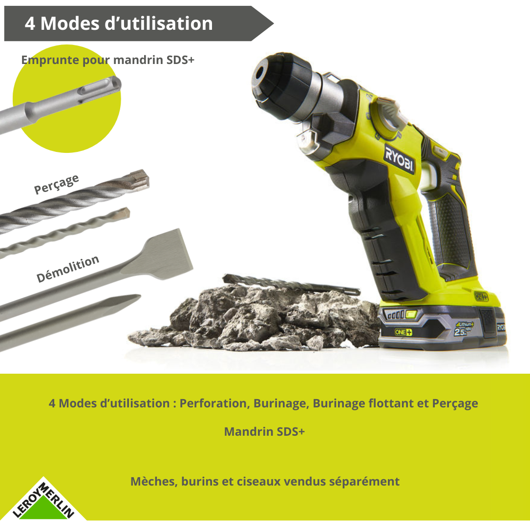 Perforateur sans fil RYOBI One+ R18SDS-0 18V, sans batterie - 3