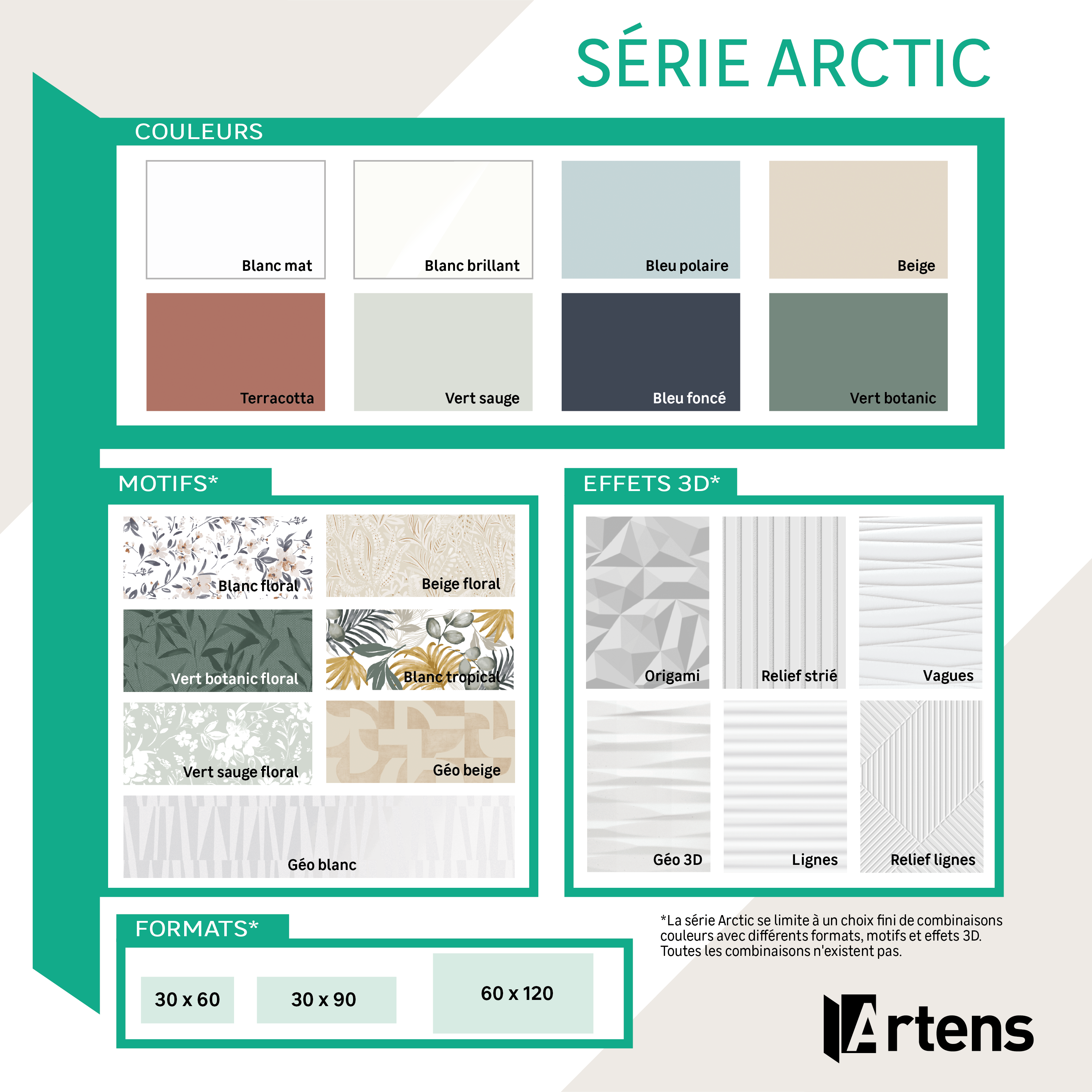 Série ARCTIC : 
8 couleurs, 2 finitions, 3 formats , 6 effets de surface en 3D, des motifs effets papier peint... de quoi aménager votre salle de bain ou votre cuisine exactement comme vous en avez envie !
 - 1