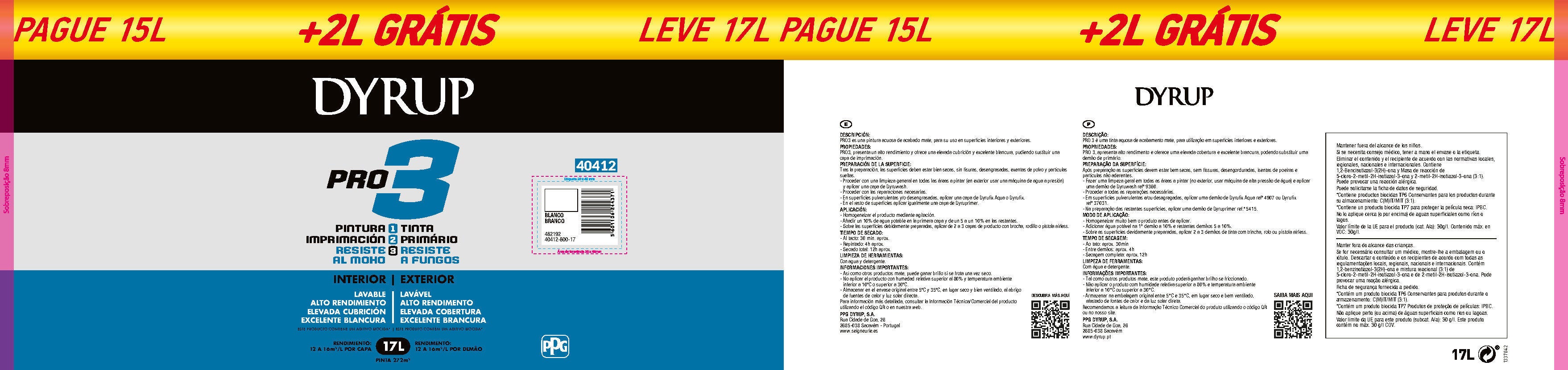 Tinta interior Dyrup Pro3 branco mate 15L+2L gratis - 2