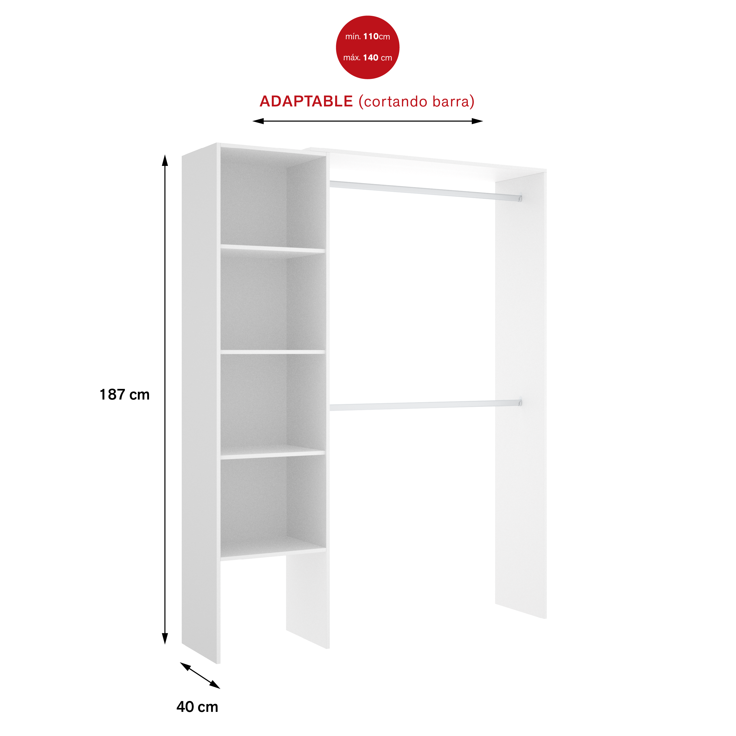 Kit vestidor SUIT 140x187x40cm con 4 baldas blanco - 7