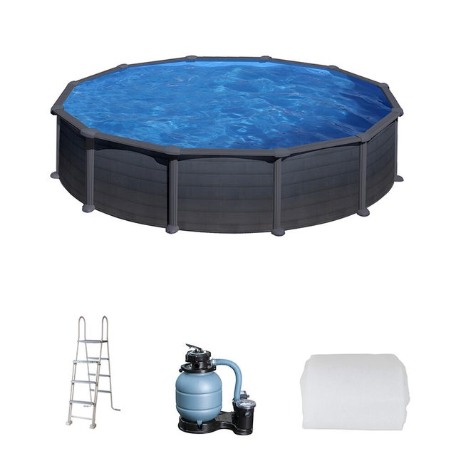 Piscina desmontable de acero gris/plata redonda ø 3.7x1.32 m con depuradora de arena y escalera de seguridad GRE