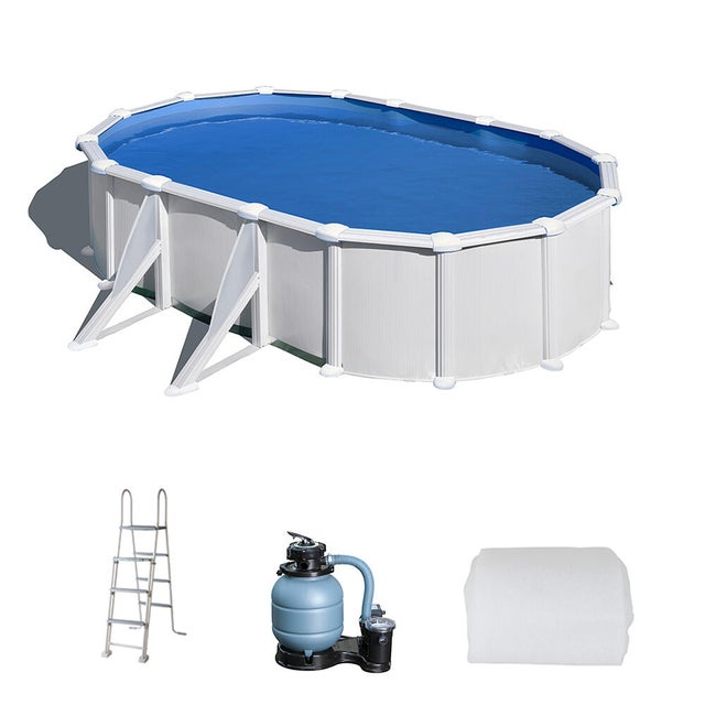 Piscina elevada de acero galvanizado blanca ovalada 6.1x3.75x1.3 m con depuradora de arena y escalera de seguridad GRE