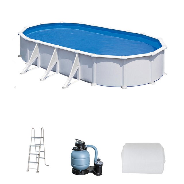 Piscina elevada de acero galvanizado blanca ovalada 7.3x3.75x1.3 m con depuradora de arena y escalera de seguridad GRE