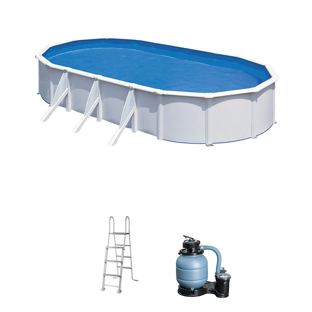 Piscina desmontable de acero blanco ovalada ø7.3 x5.75x1.2 m con depuradora de arena y escalera de seguridad gre