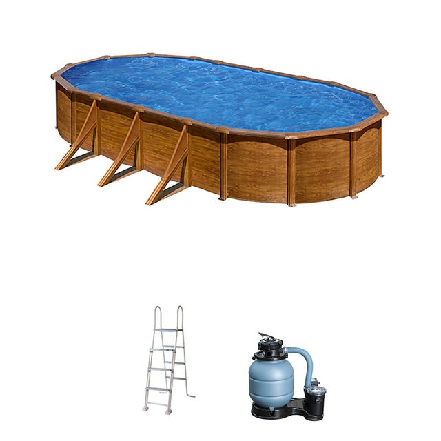 Piscina elevada de acero galvanizado marrón ovalada 7.3x3.75x1.2 m con depuradora de arena y escalera de seguridad GRE