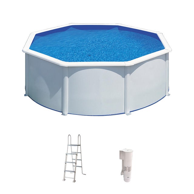 Piscina elevada de acero galvanizado blanco redonda ø 3x3x1.2 m con depuradora de cartucho y escalera de seguridad GRE