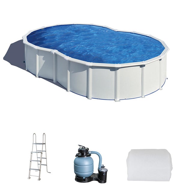 Piscina elevada de acero galvanizado blanca ovalada 5x3.4x1.2 m con depuradora de arena y escalera de seguridad GRE