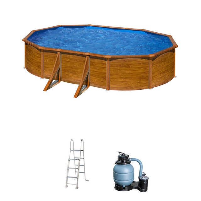 Piscina elevada de acero galvanizado marrón ovalada 5x3x1.2 m con depuradora de arena y escalera de seguridad GRE