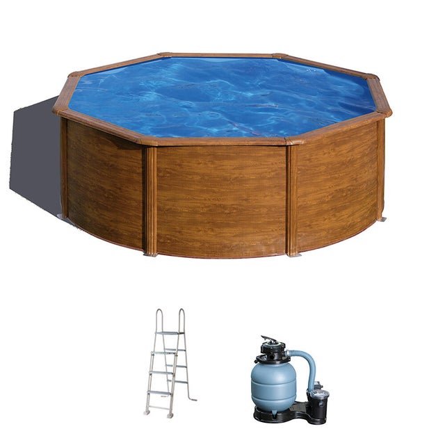 Piscina elevada de acero marrón redonda ø 3x1.2 m con depuradora de arena y escalera de seguridad GRE