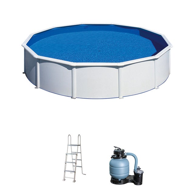 Piscina elevada de acero galvanizado blanco redonda ø 5.5x5.5x1.2 m con depuradora de arena y escalera de seguridad GRE