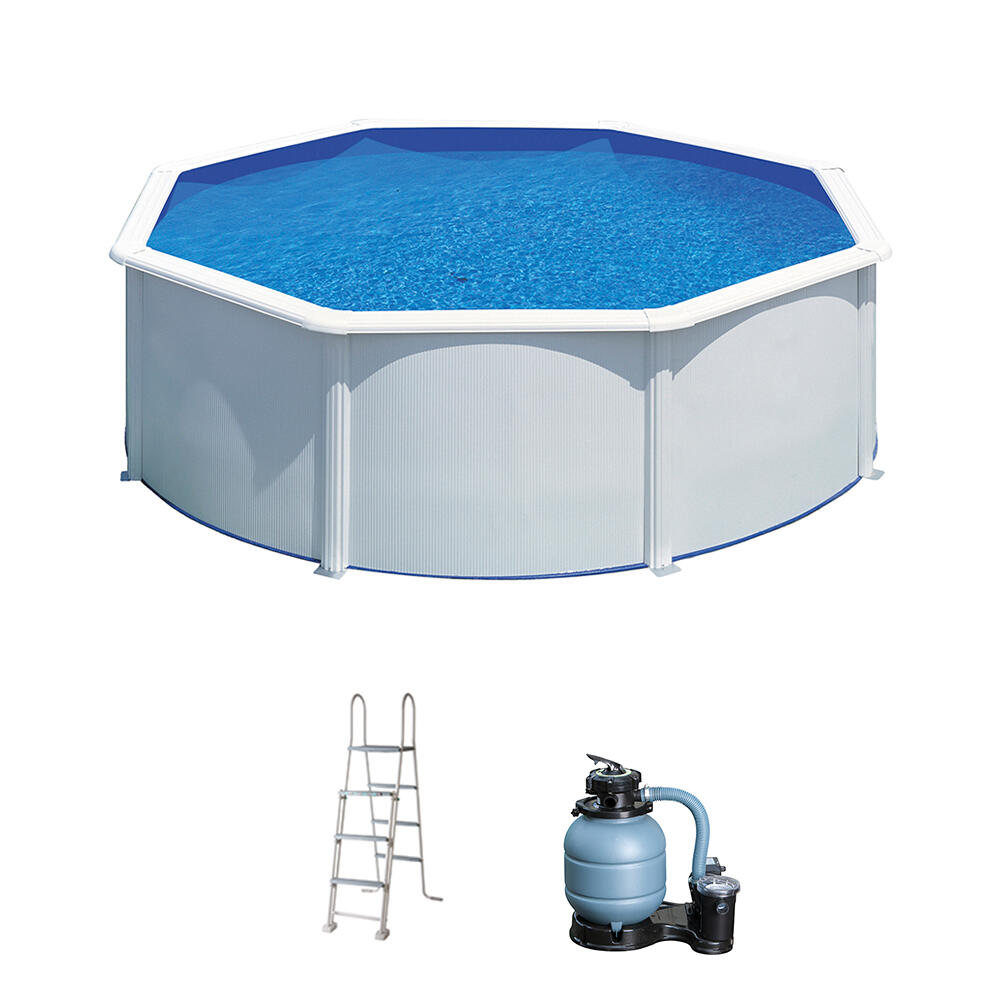 Piscina elevada de acero blanco redonda ø 3.5x 1.2 m con depuradora de arena y escalera de seguridad gre