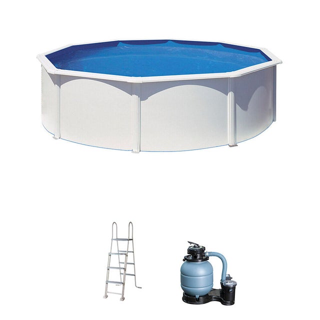 Piscina elevada de acero blanco redonda 4.6x4.6x1.2 m con depuradora de arena y escalera de seguridad GRE