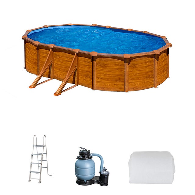 Piscina elevada de acero galvanizado marrón ovalada 5x3x1.3 m con depuradora de arena y escalera de seguridad GRE