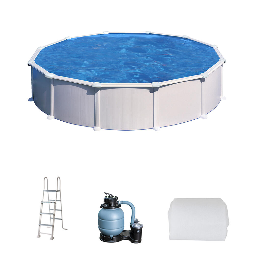 Piscina elevada de acero blanco redonda ø 1.3 m con depuradora de arena y escalera de seguridad gre