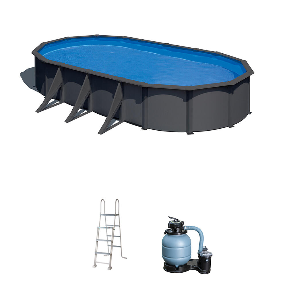 Piscina desmontable de acero aspecto antracita ovalada gre 7,30 x 3,75 x 1,2 m