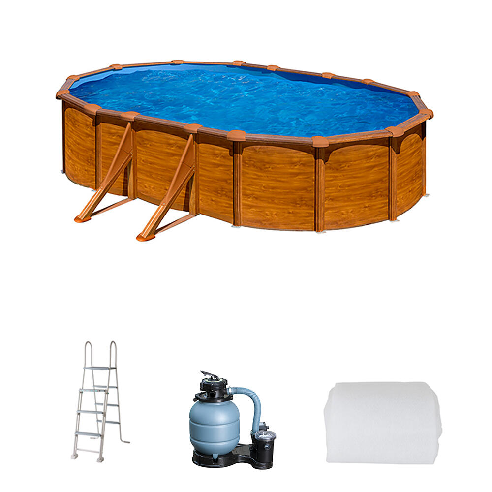 Piscina desmontable de acero marrón ovalada ø6.34 x5.75x1.3 m con depuradora de arena y escalera de seguridad gre