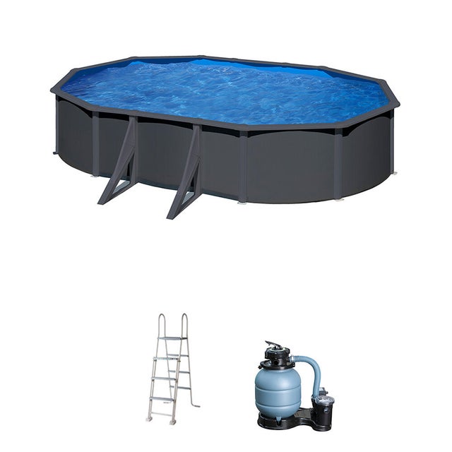 Piscina elevada de acero galvanizado gris ovalada 5x3x1.2 m con depuradora de arena y escalera de seguridad GRE