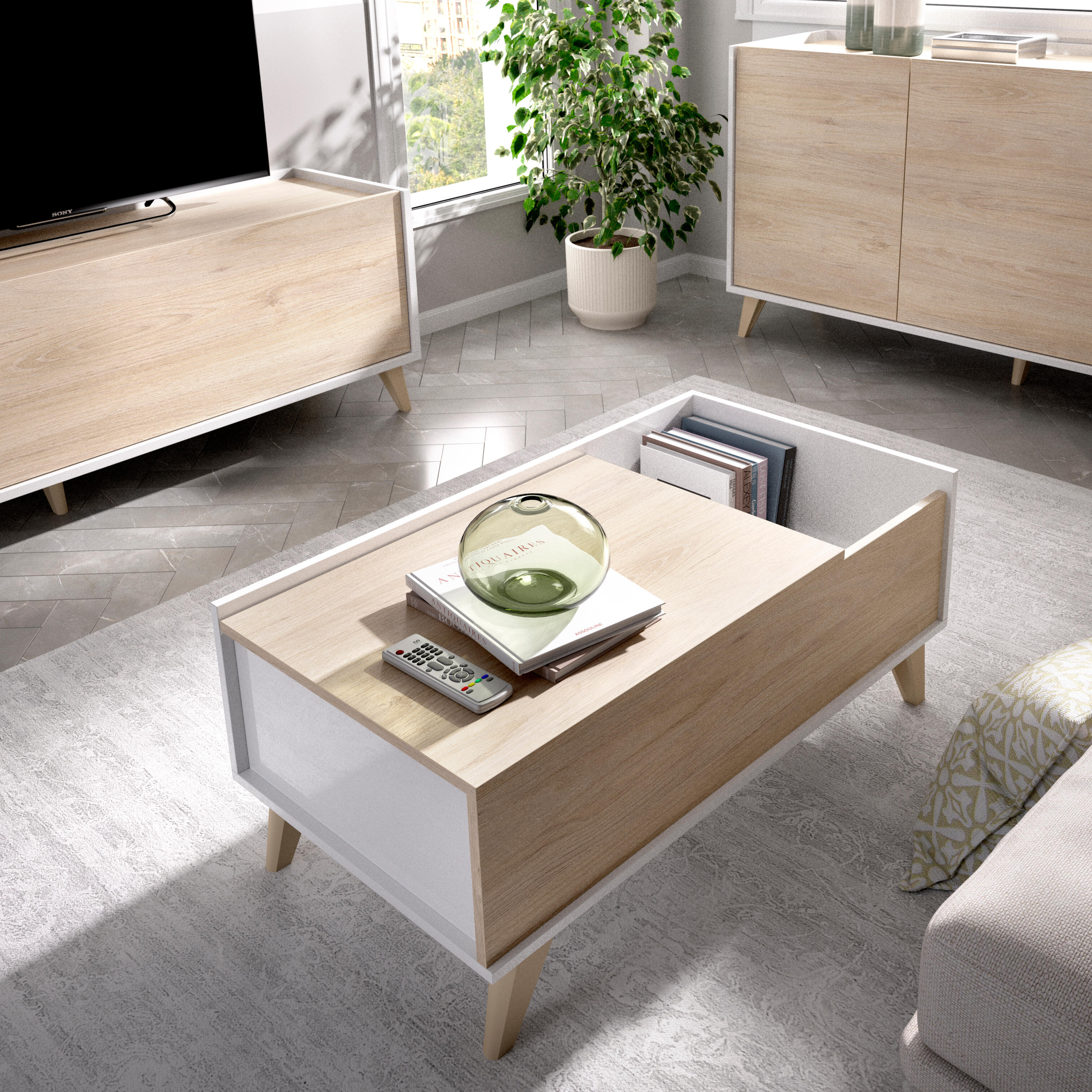 Mesa de centro elevable nela blanco y roble 99x41/53x60cm (anchoxaltoxfondo)