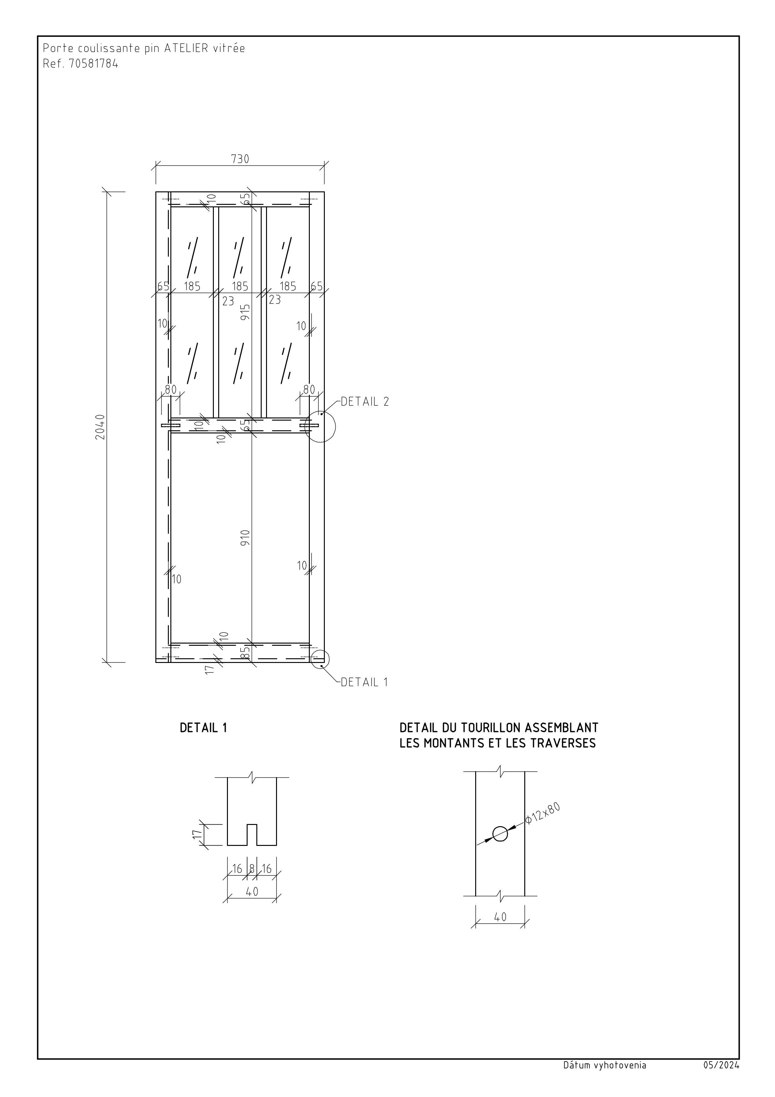 Porte coulissante bois Noé vitrée, H.204 x l.63 cm - 15