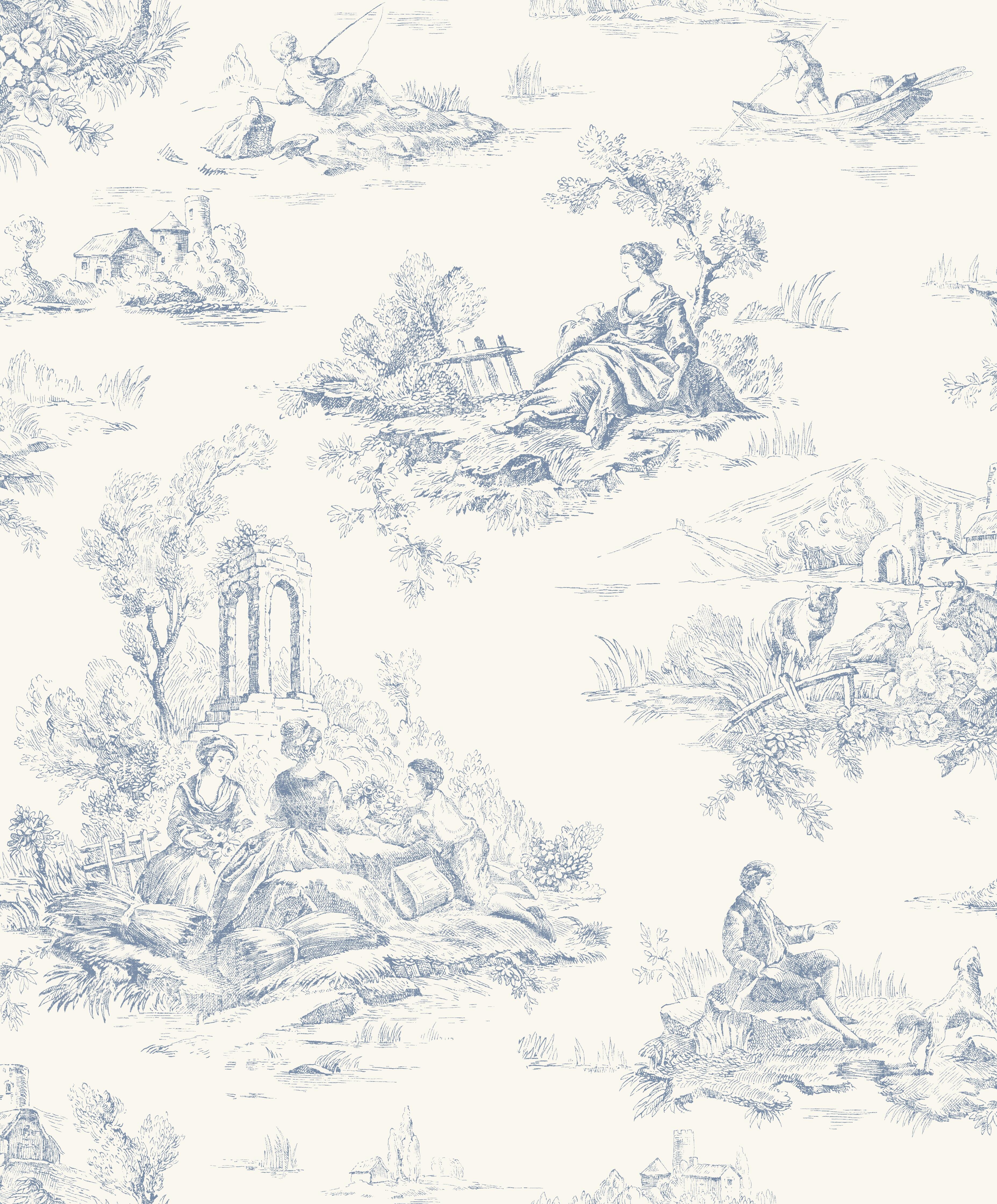 Papier peint intissé Toile De Jouy, Bleu - 2