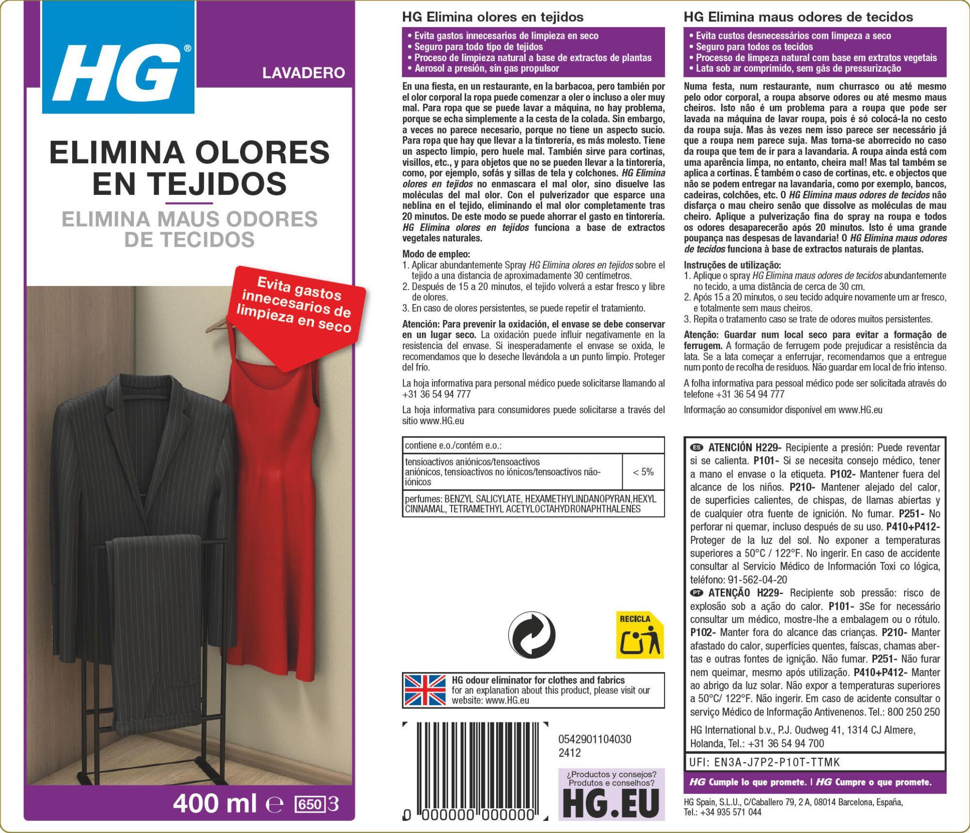 Elimina odores de tecidos HG 0.4L - 2