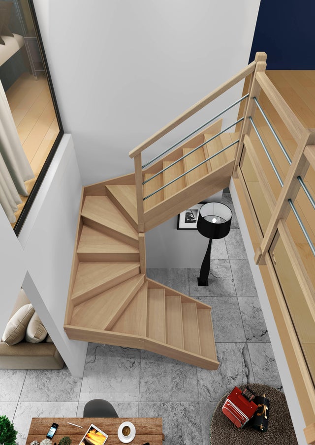 Escalier 2/4 tournant milieu hêtre Soft Tubes ACM 14 marches, rampe à droite