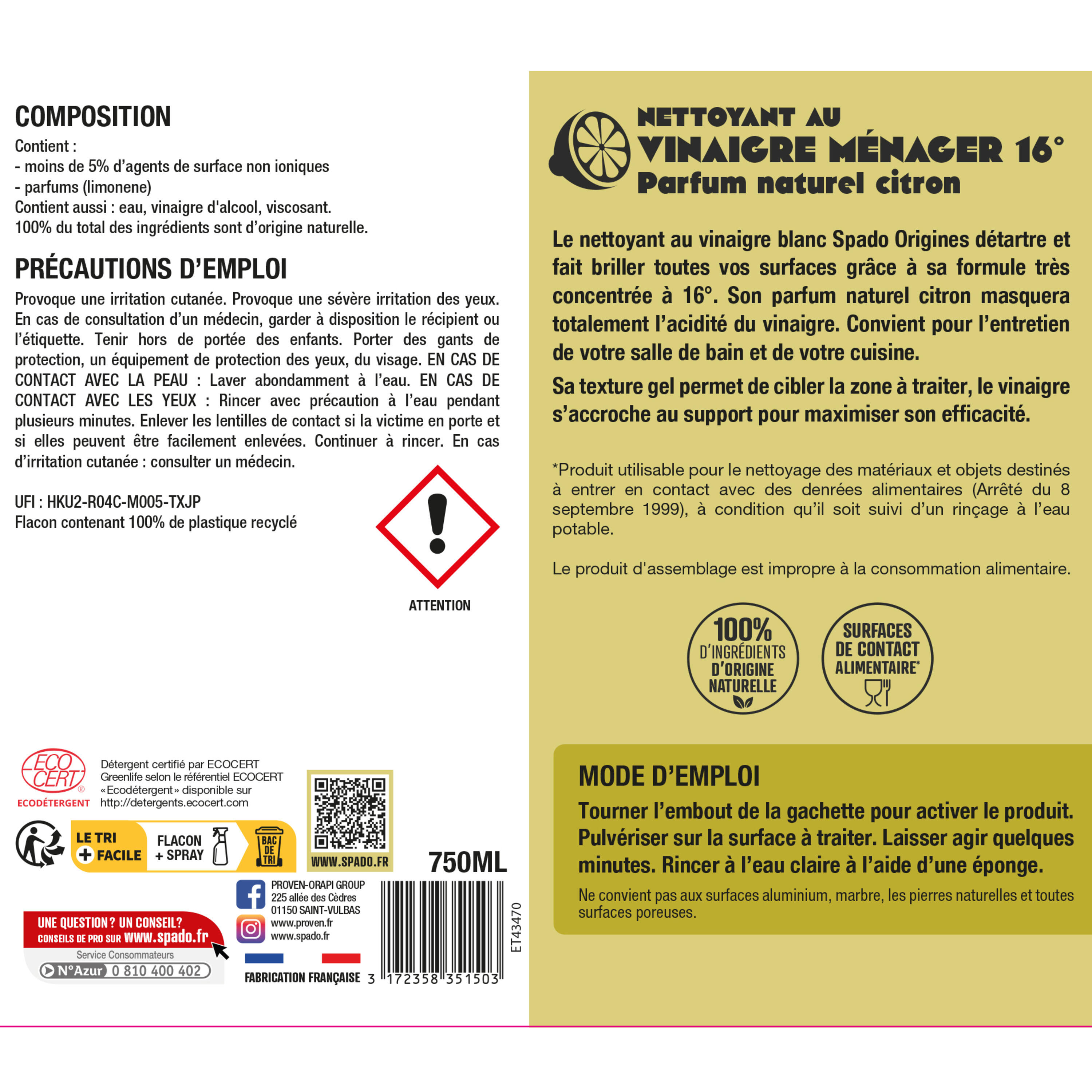 Détartrant SPADO ORIGINES Vinaigre en gel parfum citron, 0.75L - 4