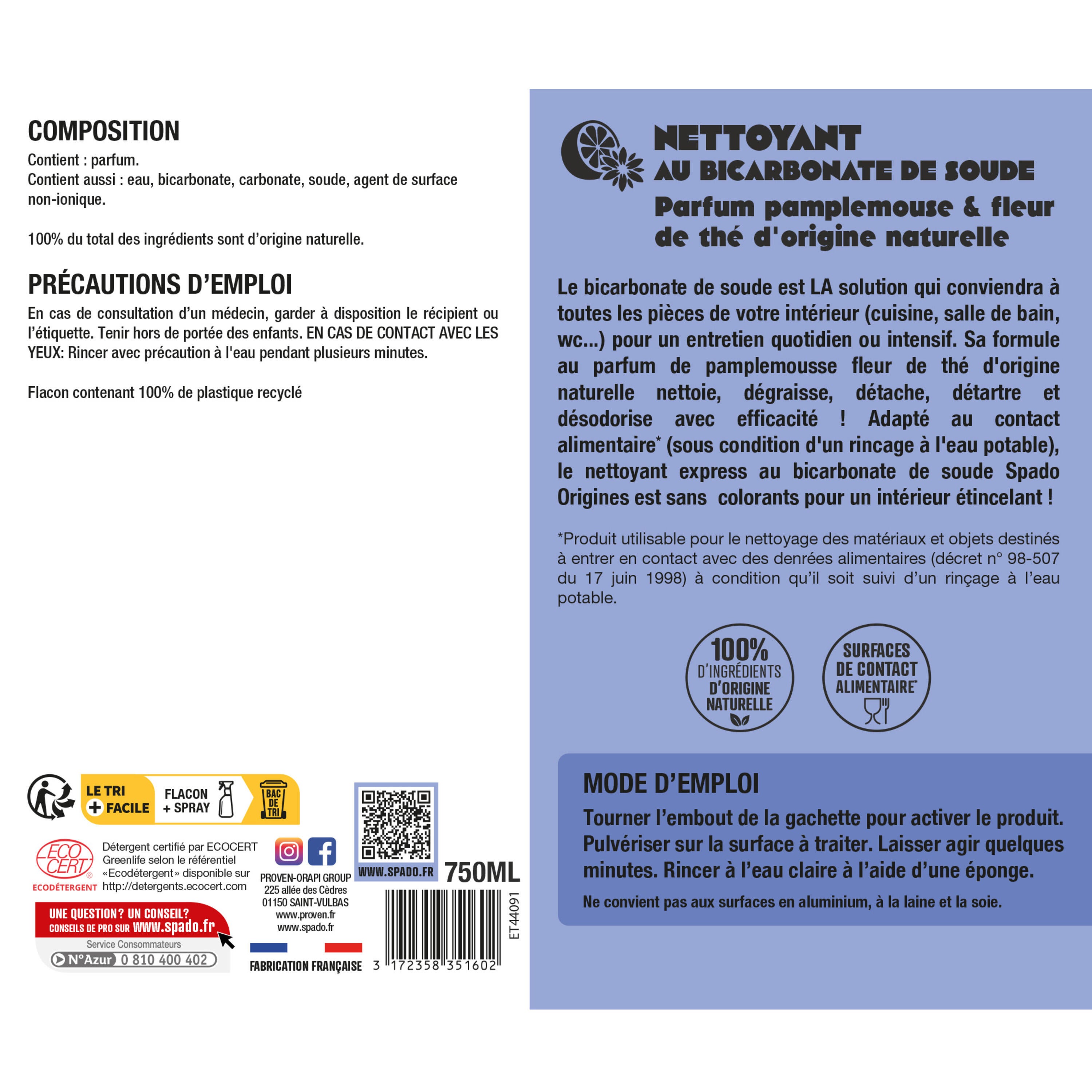Bicarbonate de soude SPADO ORIGINES En gel multi surfaces, 0.75L - 4