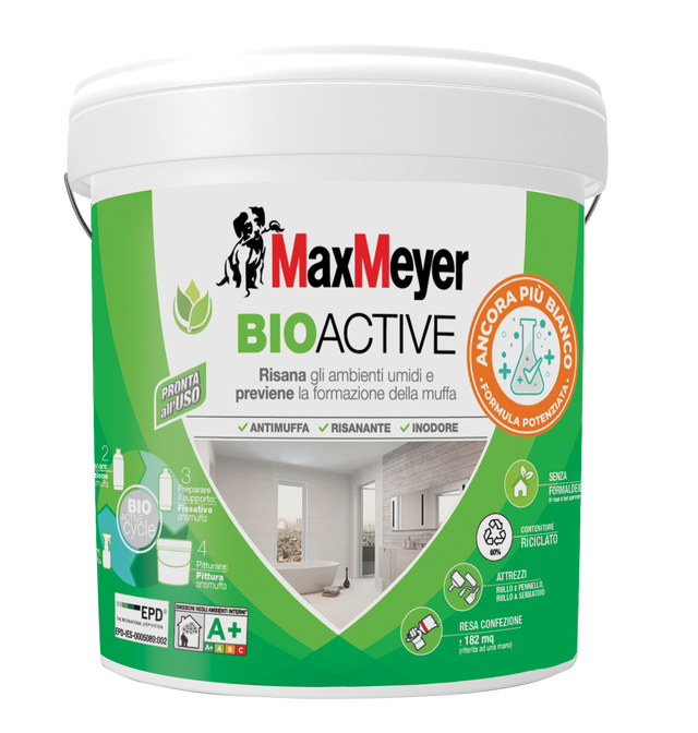 Pittura per interni per parete e soffitto, MAXMEYER Bioactive Antimuffa bianco opaco, 14 L
