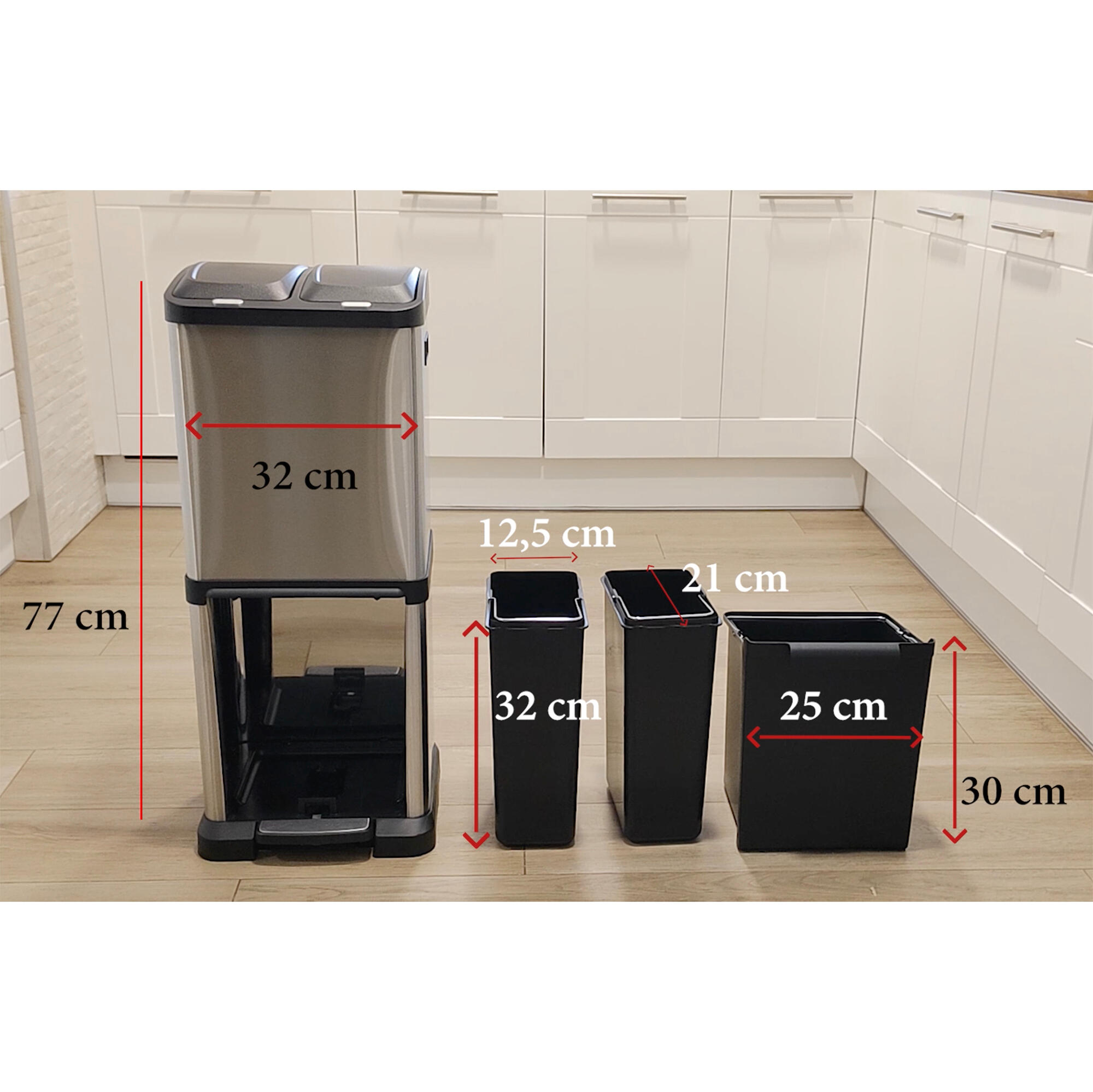 Cubo de basura para reciclaje con pedal 32L compartimentos inox