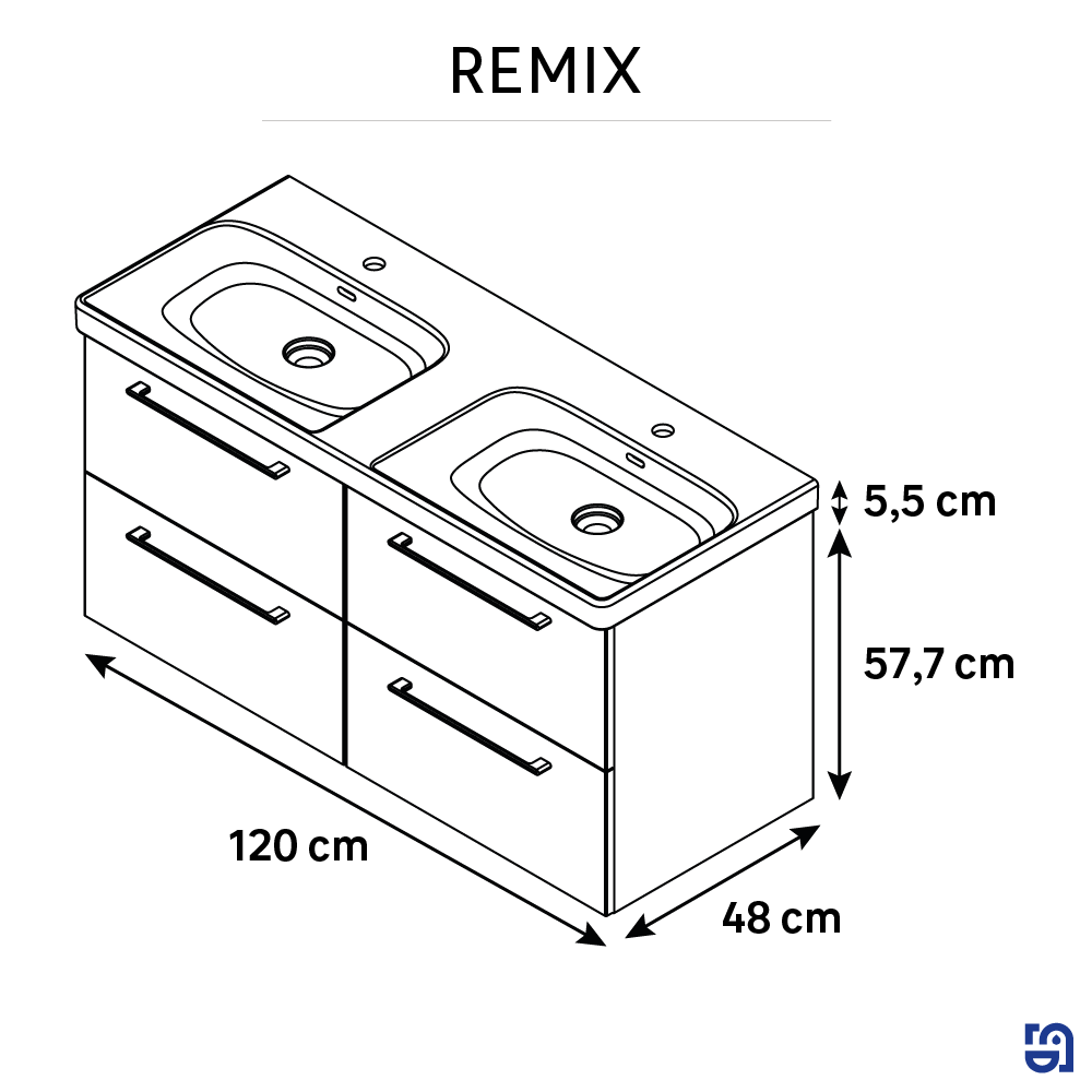 Meuble double vasque, 4t l.120 x H.58 x P.46 cm, blanc brillant, Remix - 2