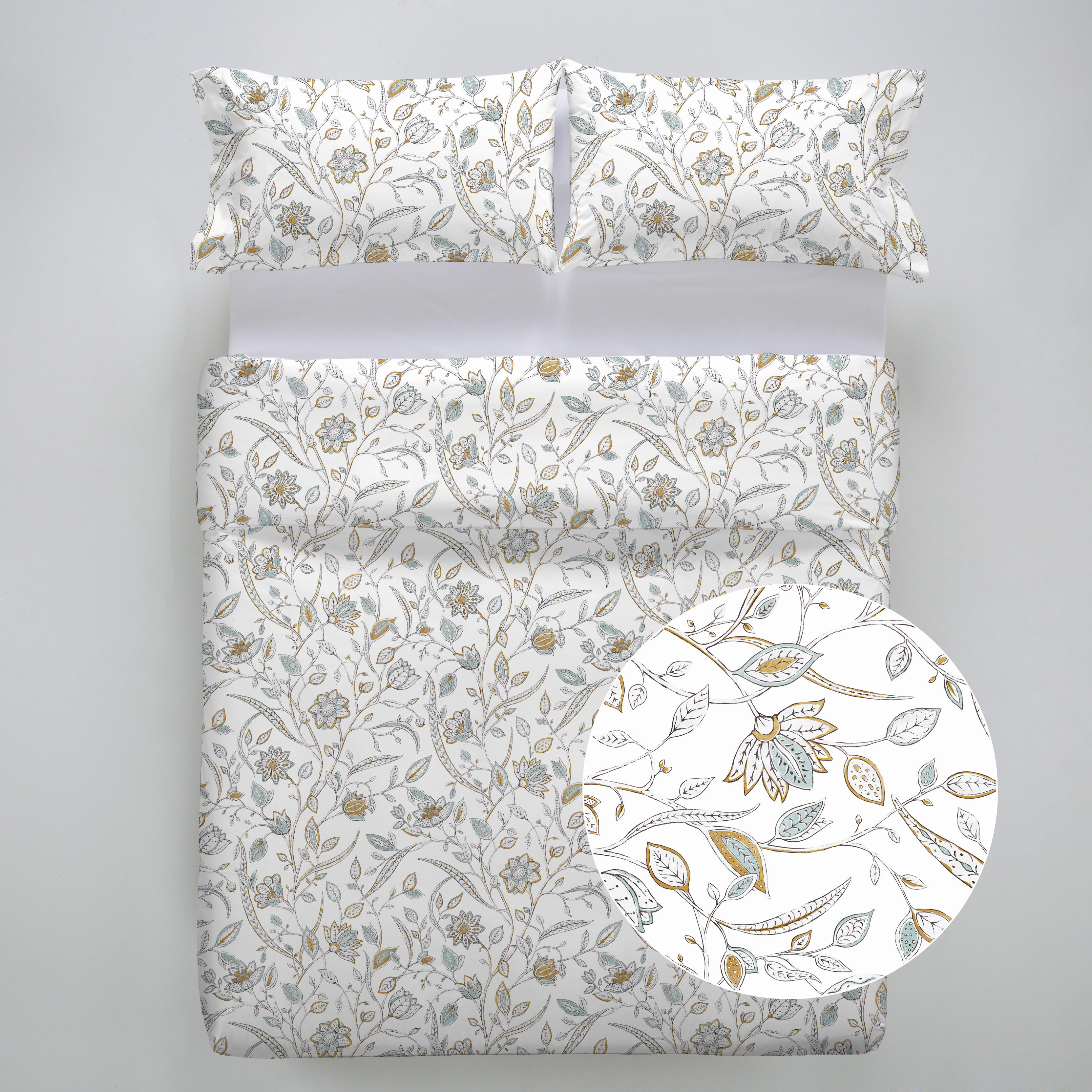 Funda nórdica + 2 fundas de almohada Ariadne algodón 200 hilos flor azules, dorados y blanco para cama de 135 cm, reversible - 2