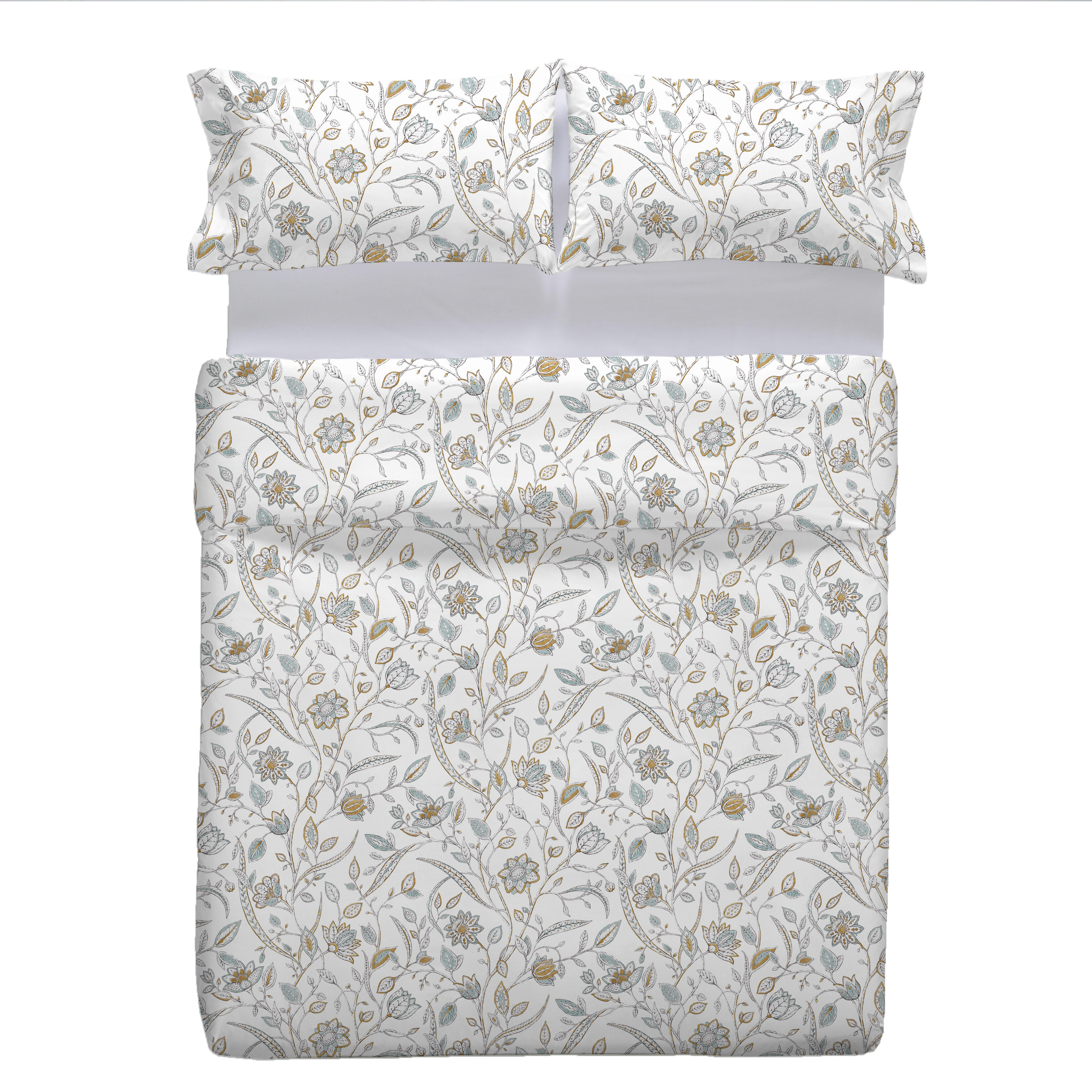 Funda nórdica + 2 fundas de almohada Ariadne algodón 200 hilos flor azules, dorados y blanco para cama de 135 cm, reversible - 3
