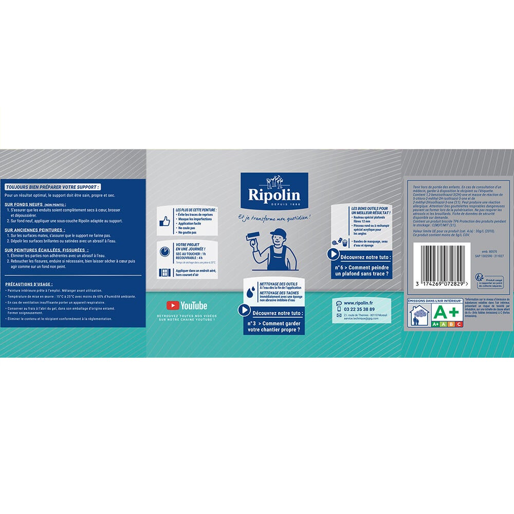 Peinture plafond blanc mat RIPOLIN Résultat sans trace 5L - 6