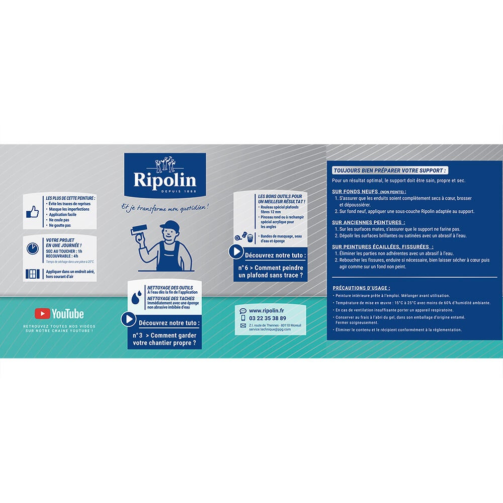 Peinture plafond blanc mat RIPOLIN Résultat sans trace 2.5L - 8