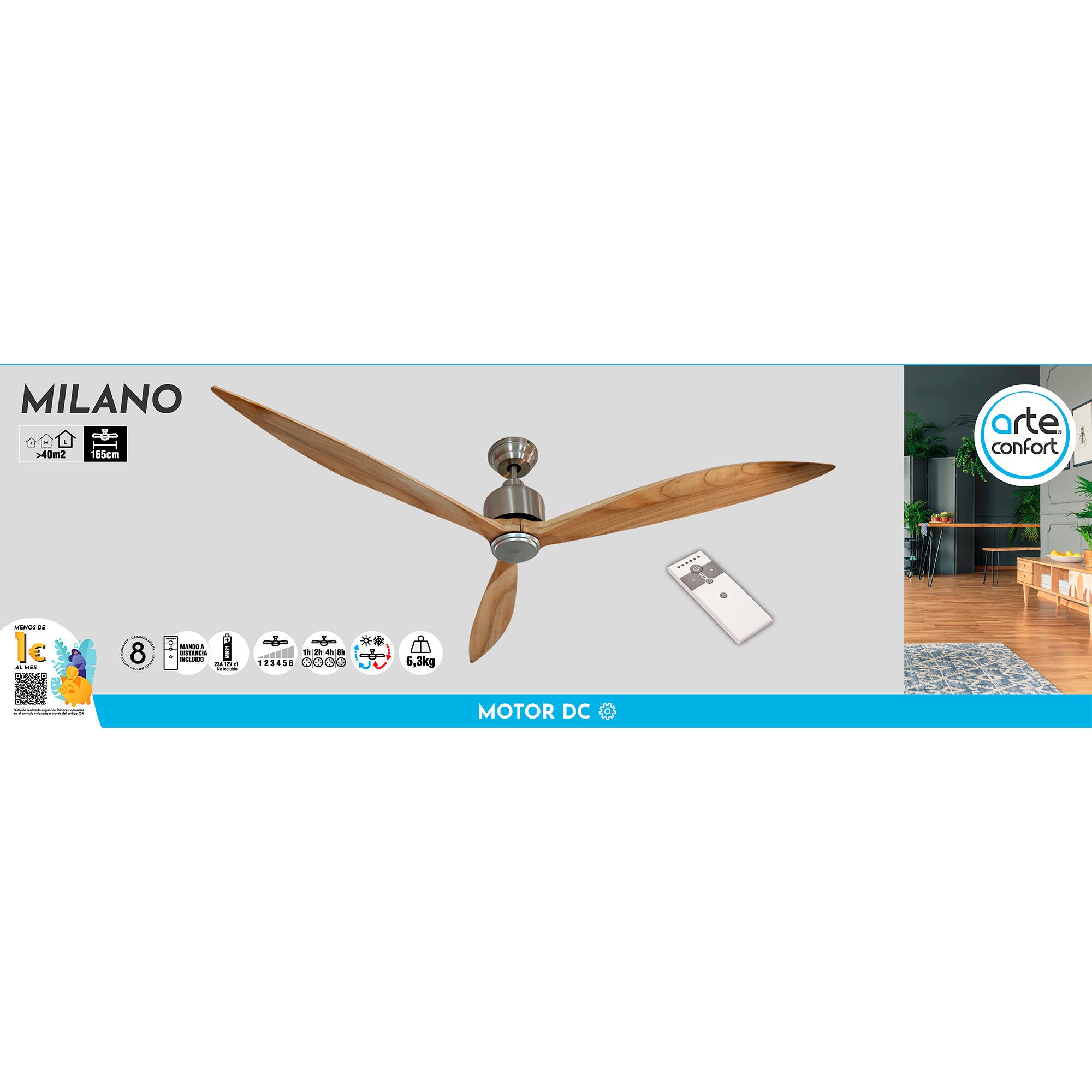Ventilador de techo sin luz silencioso DC Arte Confort Milano gris 165 cm - 8