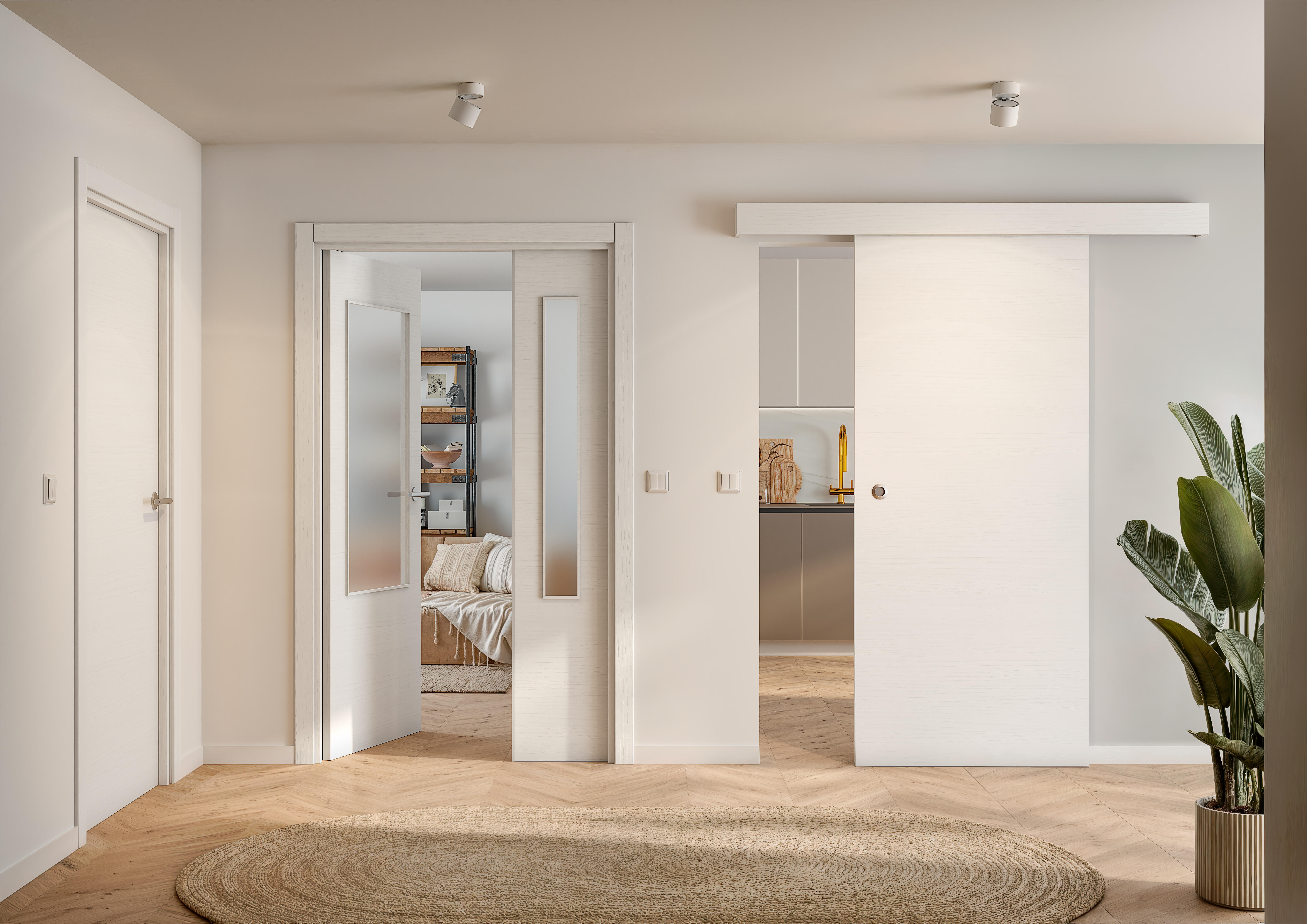 Puerta de interior corredera ciega maciza lacada Line Plus Bari blanco con uñero anchura 92,5cm - 2