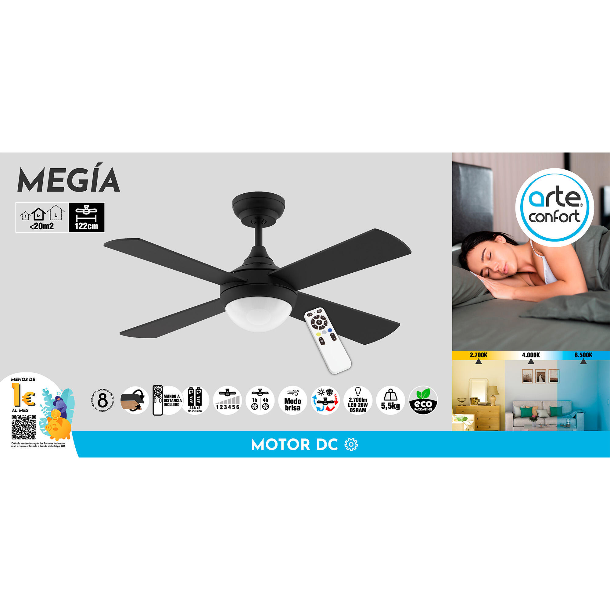 Ventilador de techo con luz silencioso DC Arte Confort Megia negro 122 cm - 10