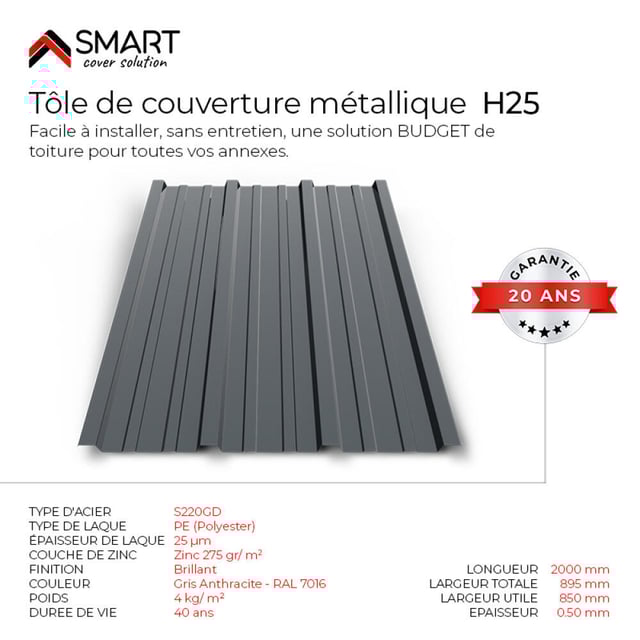 Plaque de couverture, nervuré , gris, l.89 x L.200 cm, H.25 mm, Ep.0.5 mm