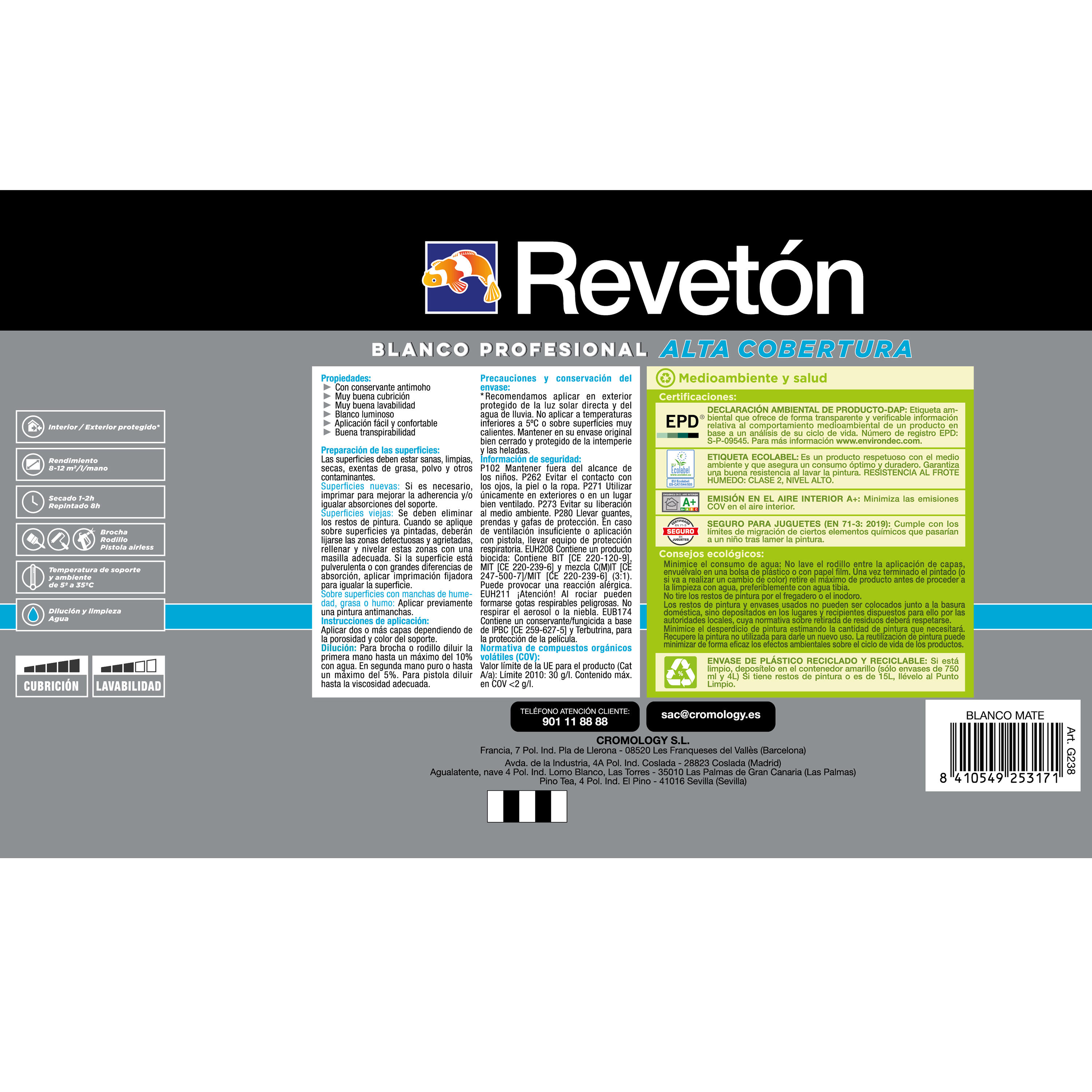 Pintura de interior Blanco profesional REVETÓN color blanco mate 4L para paredes y techos - 6