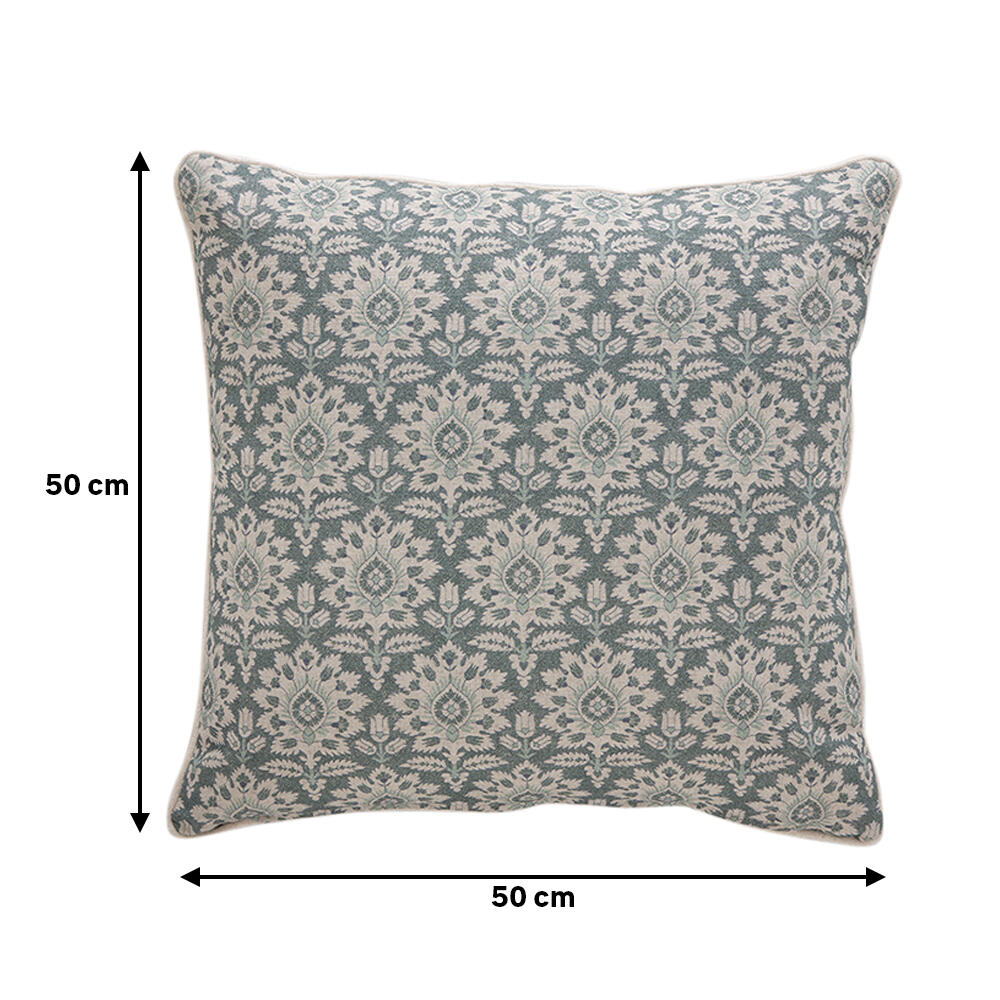 Cojín decorativo cuadrado Cea algodón, lino arabesco crudo con fondo azul 50x50cm - 2