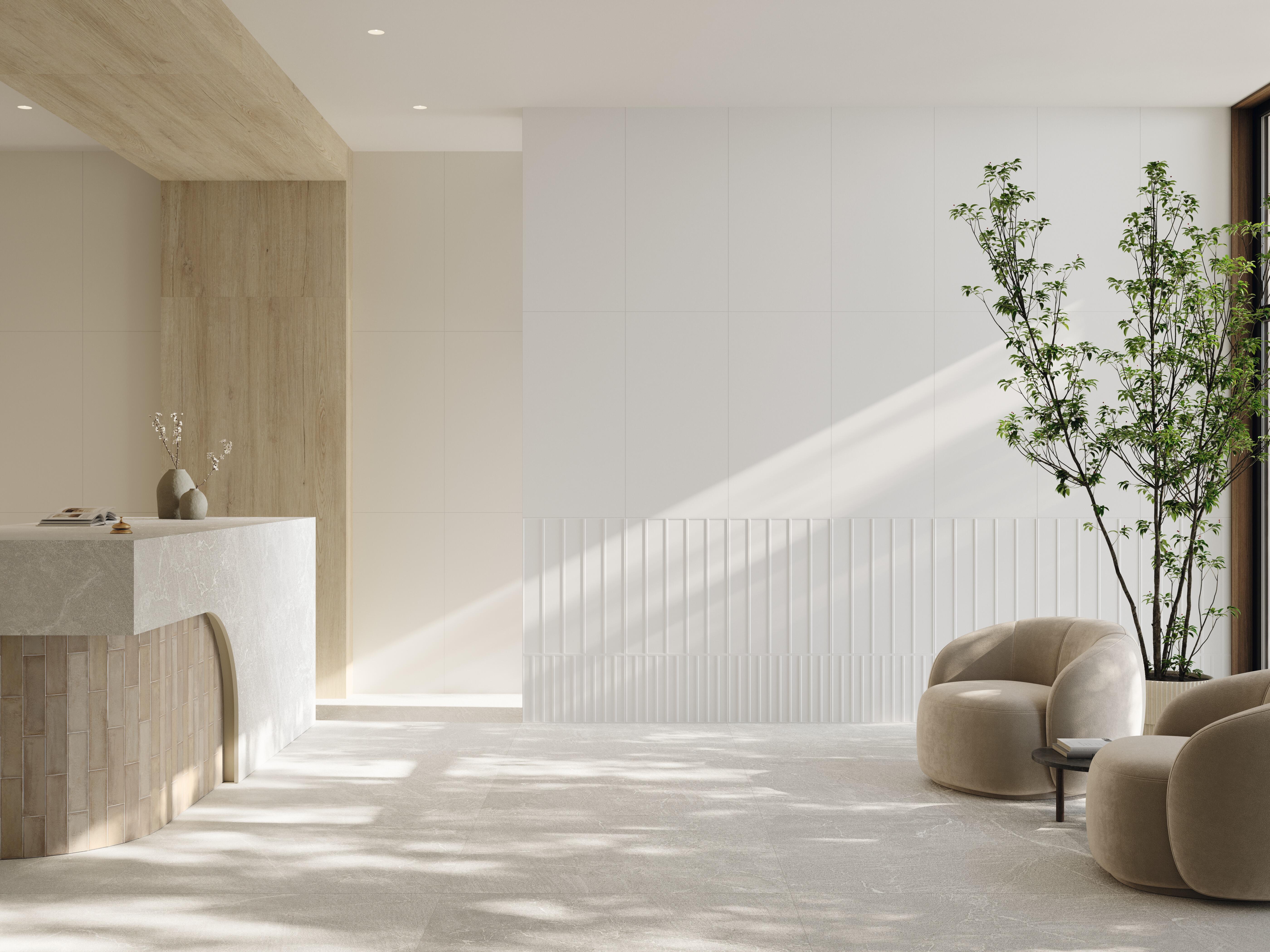 Azulejo cerámico siros milos efecto , relieve blanco 60x120 cm grespania