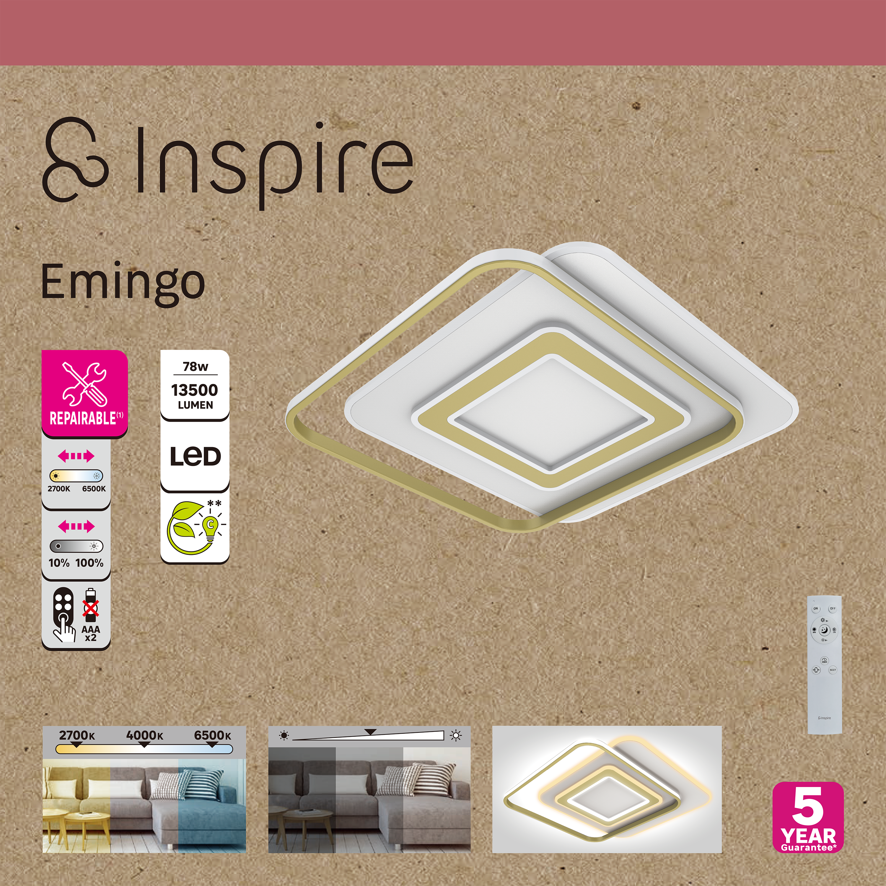 Plafonnier LED Emingo laiton, 13500 lumens, variation de blancs, INSPIRE, L.48cm - 12