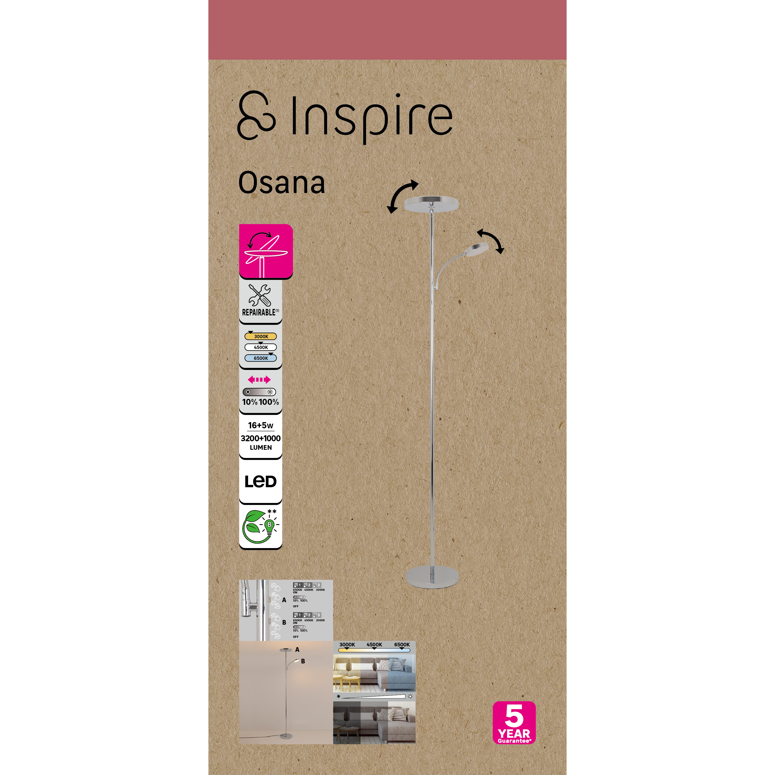 Lampadaire avec liseuse LED, Osana, chrome, H.180 cm - 7